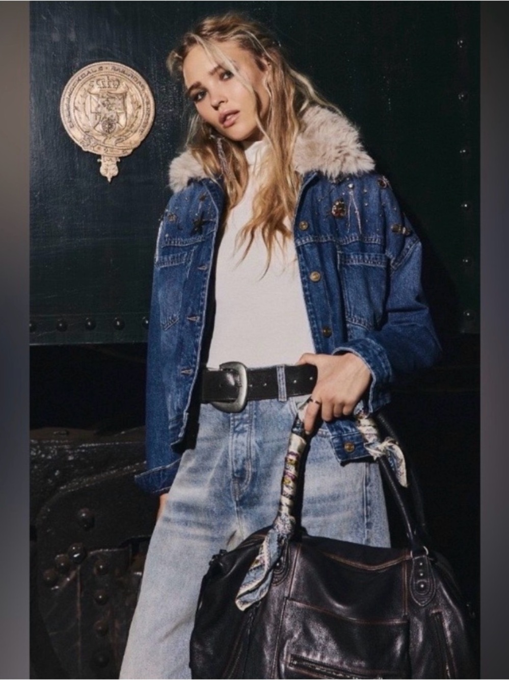 Free People Opal Swing Denim Jacket with Faux Fur Collar - Blue